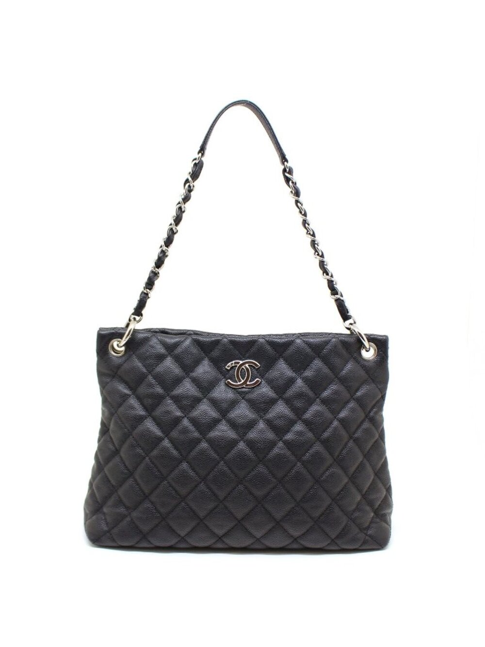 Chanel Quilted Chain Shoulder Bag Caviar Leather Black Silver